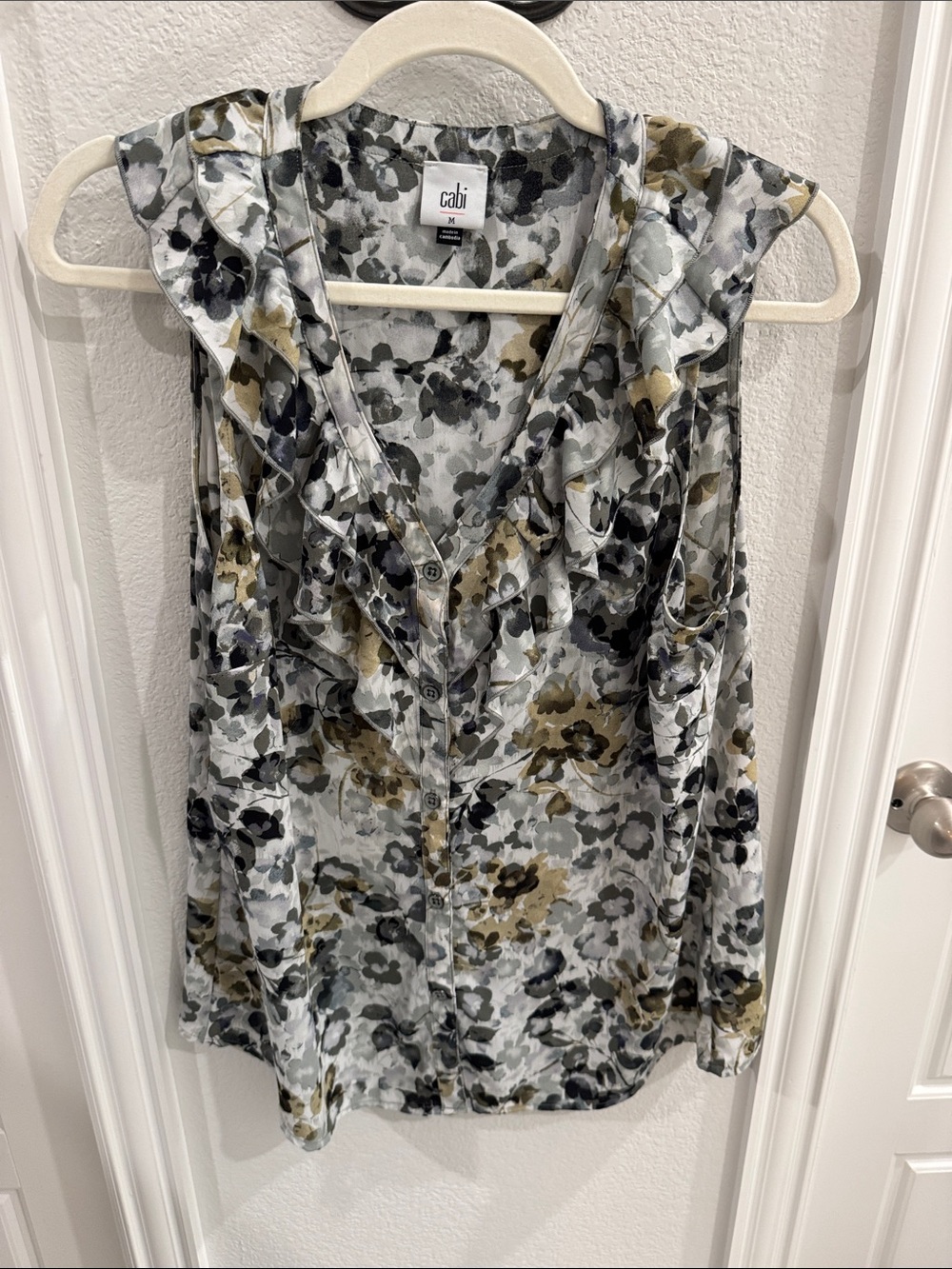 CAbi STYLE 4350 Olive and Gray Floral Ruffle V-Neck Sleeveless Blouse